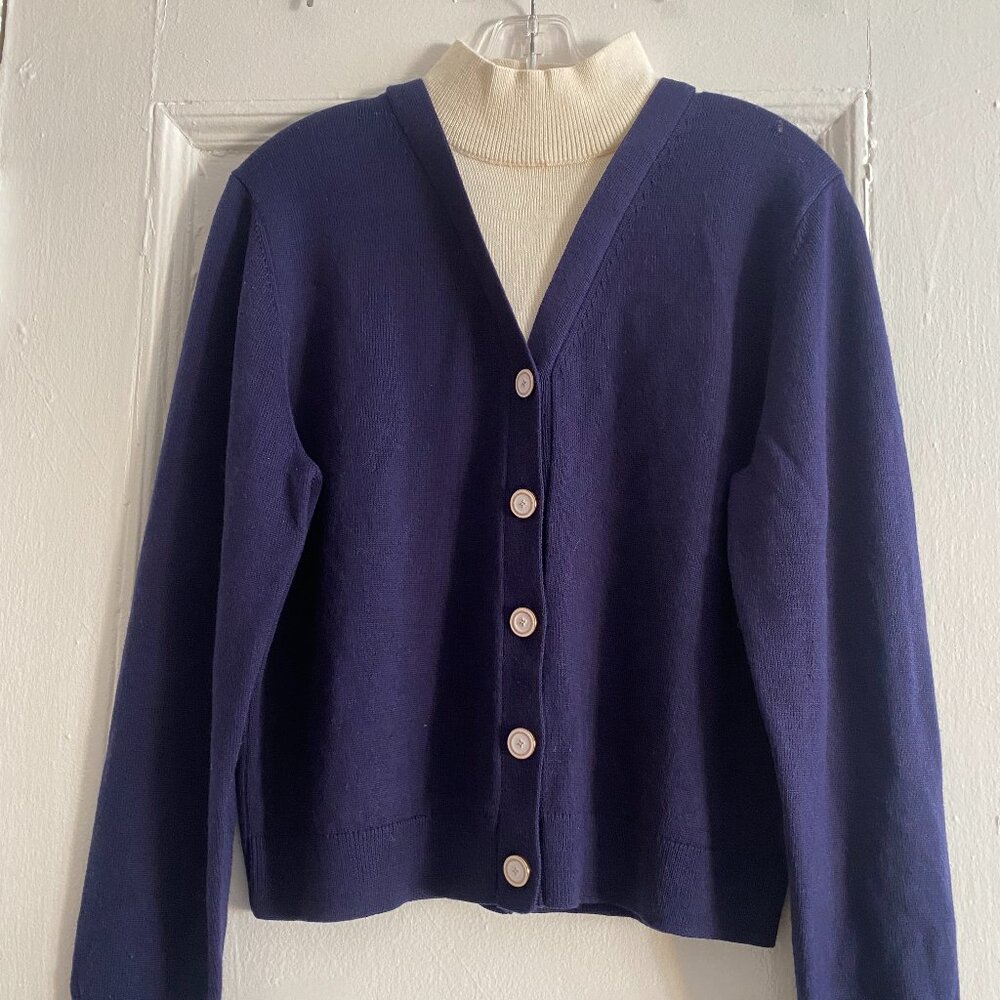 Noir Noir Navy Wool Cardigan with Built-in Cream Mock Neck. Reverse Button Back. - Picture 1 of 14